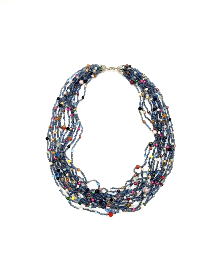 A multi-strand beaded necklace with vibrant colors, including blue, green, red, and purple.