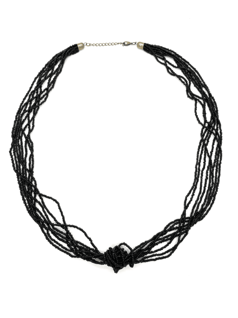 A minimalist black beaded necklace with a simple design and a knot accent.