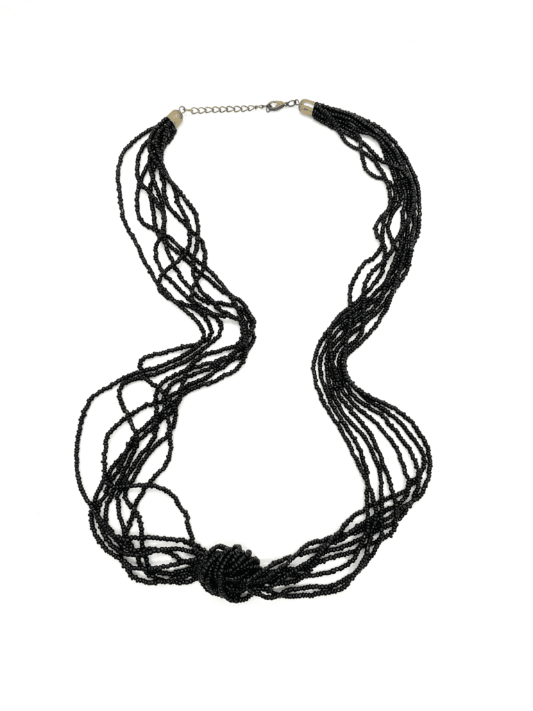  A long black beaded necklace with multiple strands and a clasp closure.