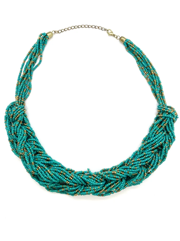 unique, handmade beaded necklace with a bohemian, artisanal aesthetic.