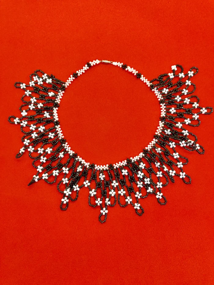 Unique Black and White Beaded Collar Necklace with Floral Design